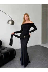 Cool & Sexy Modal Fabric Metal Accessory Detailed Maxi Dress Black - Image 2
