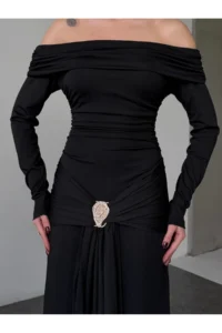 Cool & Sexy Modal Fabric Metal Accessory Detailed Maxi Dress Black - Image 3