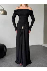 Cool & Sexy Modal Fabric Metal Accessory Detailed Maxi Dress Black - Image 4