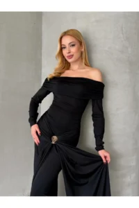 Cool & Sexy Modal Fabric Metal Accessory Detailed Maxi Dress Black - Image 6