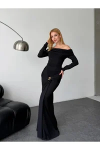 Cool & Sexy Modal Fabric Metal Accessory Detailed Maxi Dress Black - Image 7