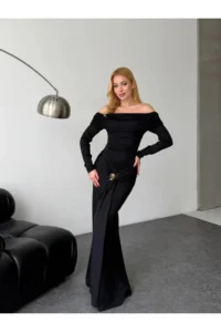 Cool & Sexy Modal Fabric Metal Accessory Detailed Maxi Dress Black - Image 8