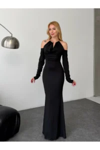 Cool & Sexy Modal Fabric Lycra Accessory Detail Maxi Dress Black - Image 3
