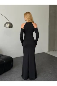 Cool & Sexy Modal Fabric Lycra Accessory Detail Maxi Dress Black - Image 5