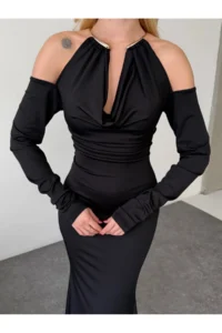 Cool & Sexy Modal Fabric Lycra Accessory Detail Maxi Dress Black - Image 6