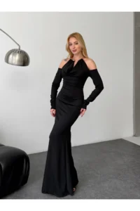 Cool & Sexy Modal Fabric Lycra Accessory Detail Maxi Dress Black - Image 7