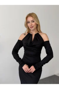 Cool & Sexy Modal Fabric Lycra Accessory Detail Maxi Dress Black - Image 8