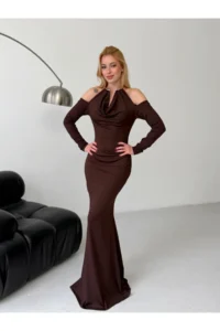 Cool & Sexy Modal Fabric Lycra Accessory Detail Maxi Dress Brown - Image 2