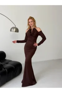 Cool & Sexy Modal Fabric Lycra Accessory Detail Maxi Dress Brown - Image 3