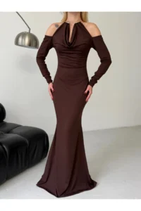 Cool & Sexy Modal Fabric Lycra Accessory Detail Maxi Dress Brown - Image 4