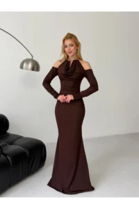 Cool & Sexy Modal Fabric Lycra Accessory Detail Maxi Dress Brown - Image 5