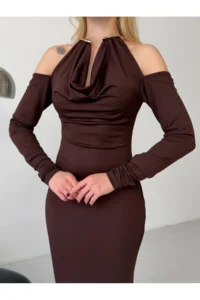 Cool & Sexy Modal Fabric Lycra Accessory Detail Maxi Dress Brown - Image 7
