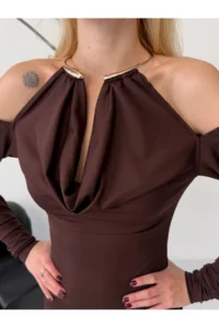 Cool & Sexy Modal Fabric Lycra Accessory Detail Maxi Dress Brown - Image 8