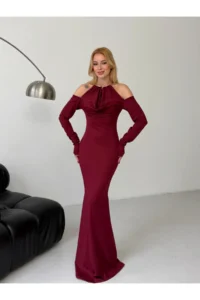 Cool & Sexy Modal Fabric Lycra Accessory Detail Maxi Dress Claret Red - Image 2