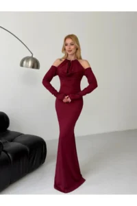 Cool & Sexy Modal Fabric Lycra Accessory Detail Maxi Dress Claret Red - Image 3