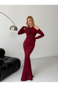 Cool & Sexy Modal Fabric Lycra Accessory Detail Maxi Dress Claret Red - Image 4