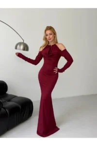 Cool & Sexy Modal Fabric Lycra Accessory Detail Maxi Dress Claret Red - Image 5