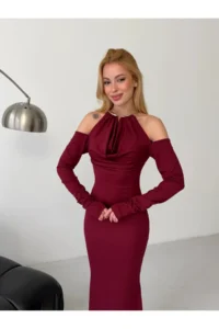 Cool & Sexy Modal Fabric Lycra Accessory Detail Maxi Dress Claret Red - Image 7