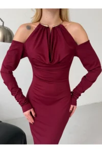 Cool & Sexy Modal Fabric Lycra Accessory Detail Maxi Dress Claret Red - Image 8