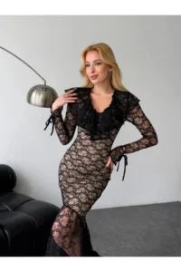 Cool & Sexy Lace Material Lined Maxi Size Dress Black - Image 7