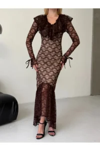 Cool & Sexy Lace Material Lined Maxi Size Dress Kahve - Image 8