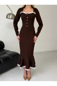 Cool & Sexy Atlas Fabric Guipure Lace Detail Midi Dress Brown - Image 7