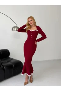 Cool & Sexy Atlas Fabric Guipure Lace Detail Midi Dress Claret Red - Image 2
