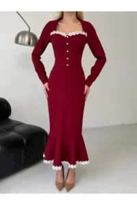 Cool & Sexy Atlas Fabric Guipure Lace Detail Midi Dress Claret Red - Image 3