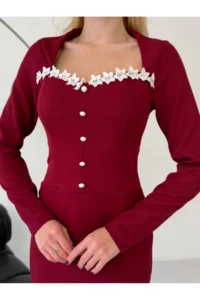 Cool & Sexy Atlas Fabric Guipure Lace Detail Midi Dress Claret Red - Image 5