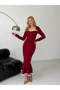 Cool & Sexy Atlas Fabric Guipure Lace Detail Midi Dress Claret Red - Image 6