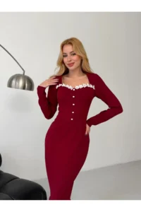 Cool & Sexy Atlas Fabric Guipure Lace Detail Midi Dress Claret Red - Image 7