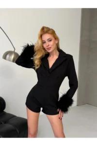 Cool & Sexy Atlas Material Feather Detailed Mini Romper Black - Image 2