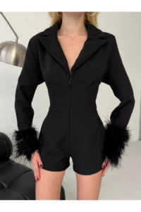 Cool & Sexy Atlas Material Feather Detailed Mini Romper Black - Image 7