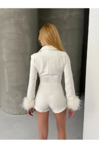 Cool & Sexy Atlas Material Feather Detailed Mini Romper White - Image 5