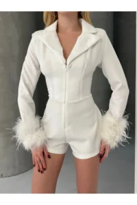 Cool & Sexy Atlas Material Feather Detailed Mini Romper White - Image 6