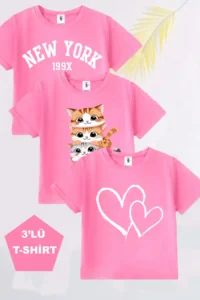twins tailors Heart Printed 3 Sets Paket Pink Girls' T-Shirt