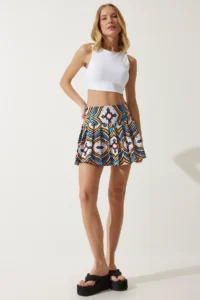 Happiness İstanbul Women Blue Oranj Mini Weaving Skirt