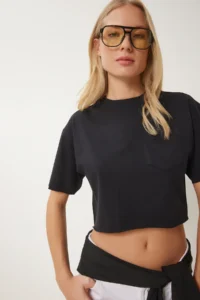 Happiness İstanbul Women Black Cotton Crop Knitting T-Shirt