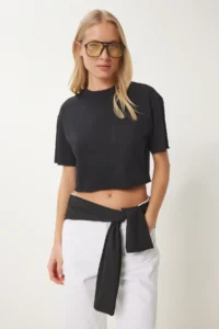 Happiness İstanbul Women Black Cotton Crop Knitting T-Shirt - Image 2