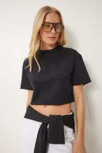 Happiness İstanbul Women Black Cotton Crop Knitting T-Shirt - Image 3
