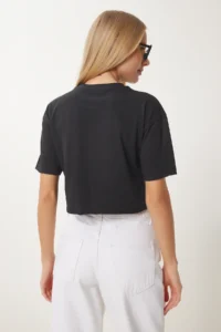 Happiness İstanbul Women Black Cotton Crop Knitting T-Shirt - Image 5