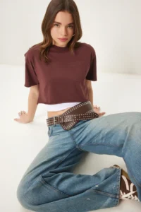 Happiness İstanbul Women Brown Cotton Crop Knitting T-Shirt