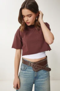 Happiness İstanbul Women Brown Cotton Crop Knitting T-Shirt - Image 2