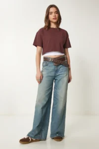 Happiness İstanbul Women Brown Cotton Crop Knitting T-Shirt - Image 3