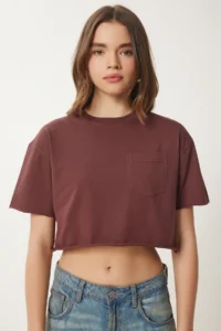 Happiness İstanbul Women Brown Cotton Crop Knitting T-Shirt - Image 4