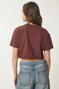 Happiness İstanbul Women Brown Cotton Crop Knitting T-Shirt - Image 6