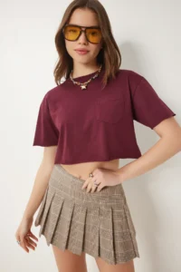 Happiness İstanbul Women Burgundy Cotton Crop Knitting T-Shirt - Image 2