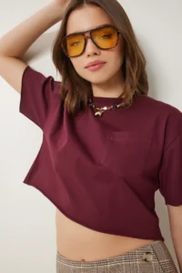 Happiness İstanbul Women Burgundy Cotton Crop Knitting T-Shirt - Image 3