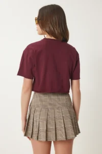 Happiness İstanbul Women Burgundy Cotton Crop Knitting T-Shirt - Image 5