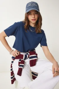 Happiness İstanbul Women Navy Blue Cotton Crop Knitting T-Shirt